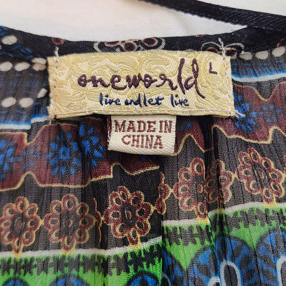 One World Sheer Boho Top Paisley Floral Patchwork Print Beaded Ruffles Size L - Picture 5 of 10
